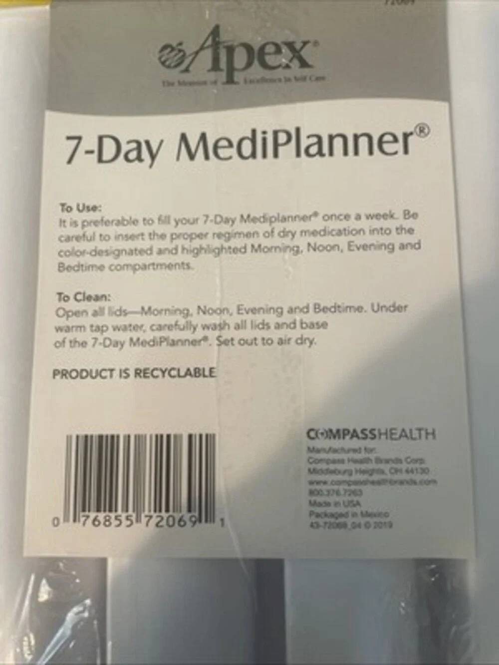 Apex 7-Day MediPlanner Pill Box 4 Times per Day Contour Design NEW Organization